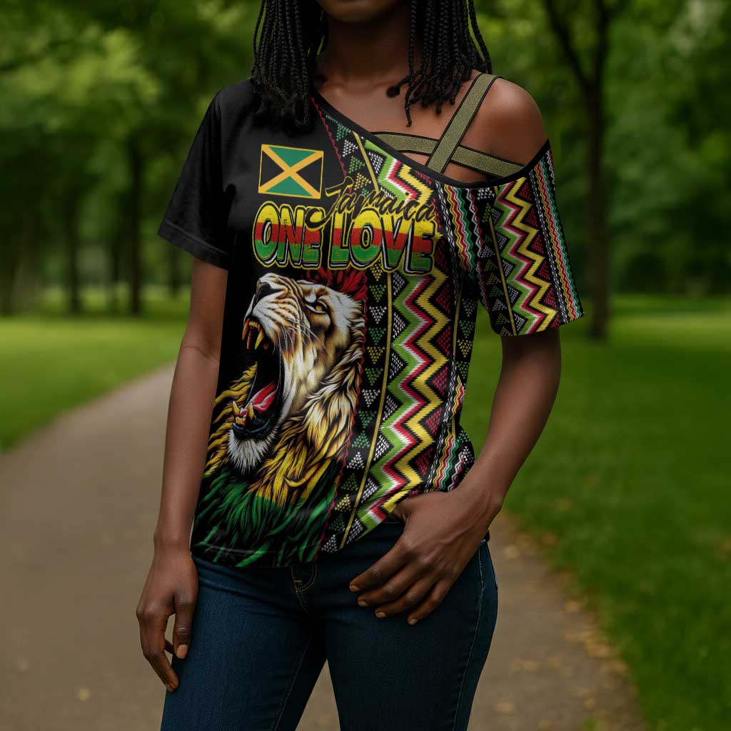 Personalized Jamaican Reggae-One Love Cross Shoulder Shirt Tribal African Pattern and Roaring Lion - African Pride