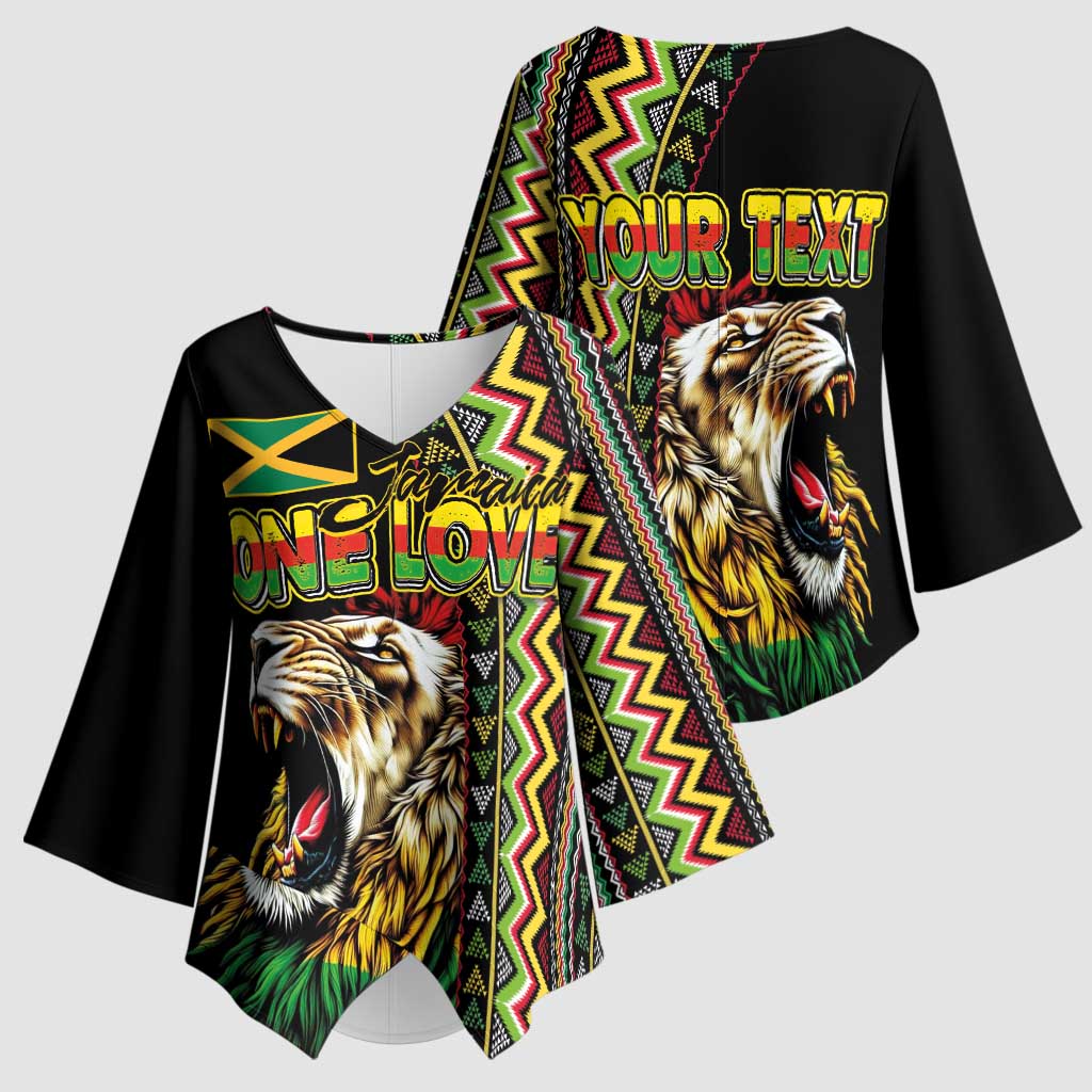 Personalized Jamaican Reggae-One Love Kimono Sleeve Blouse Tribal African Pattern and Roaring Lion - African Pride