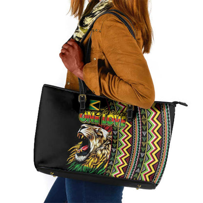 Jamaican Reggae-One Love Leather Tote Bag Tribal African Pattern and Roaring Lion - African Pride