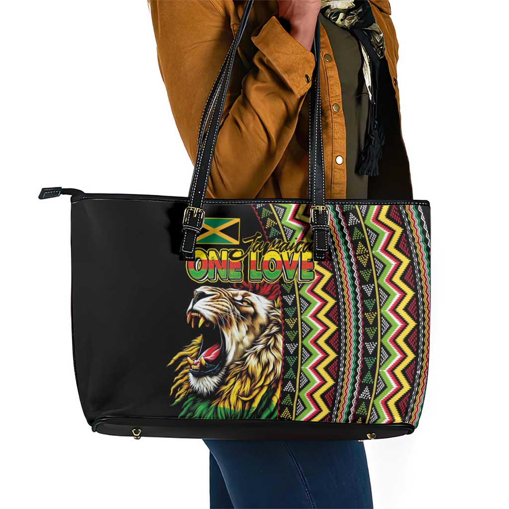Jamaican Reggae-One Love Leather Tote Bag Tribal African Pattern and Roaring Lion - African Pride