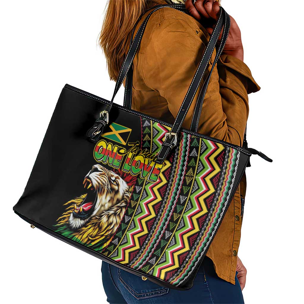 Jamaican Reggae-One Love Leather Tote Bag Tribal African Pattern and Roaring Lion - African Pride