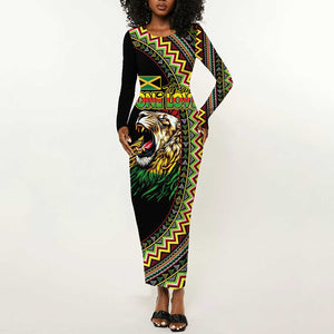 Personalized Jamaican Reggae-One Love Long Sleeve Bodycon Dress Tribal African Pattern and Roaring Lion - African Pride