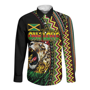 Personalized Jamaican Reggae-One Love Long Sleeve Button Shirt Tribal African Pattern and Roaring Lion - African Pride