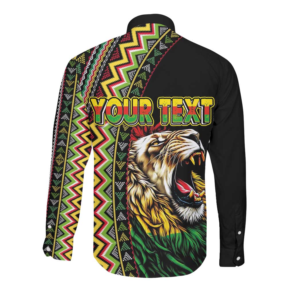 Personalized Jamaican Reggae-One Love Long Sleeve Button Shirt Tribal African Pattern and Roaring Lion - African Pride