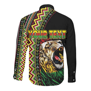 Personalized Jamaican Reggae-One Love Long Sleeve Button Shirt Tribal African Pattern and Roaring Lion - African Pride