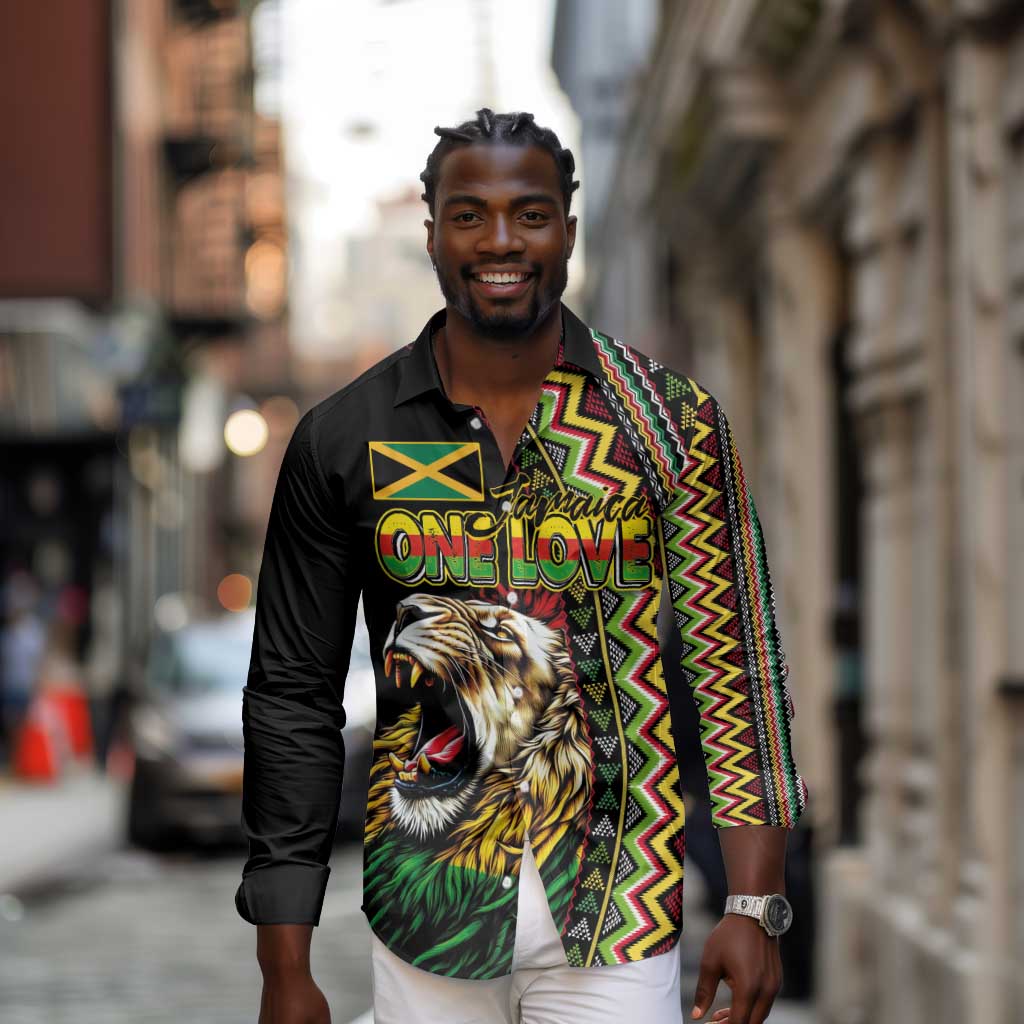 Personalized Jamaican Reggae-One Love Long Sleeve Button Shirt Tribal African Pattern and Roaring Lion - African Pride