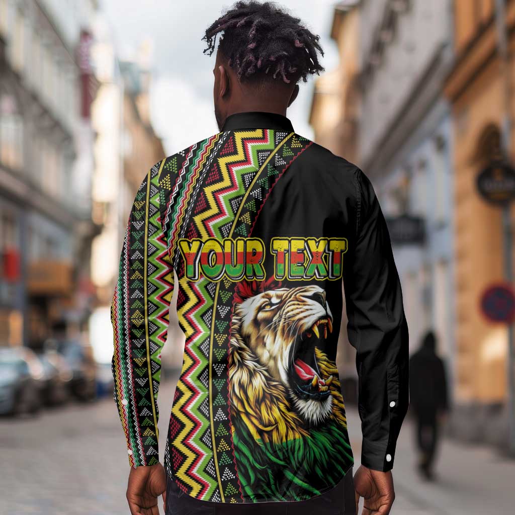 Personalized Jamaican Reggae-One Love Long Sleeve Button Shirt Tribal African Pattern and Roaring Lion - African Pride