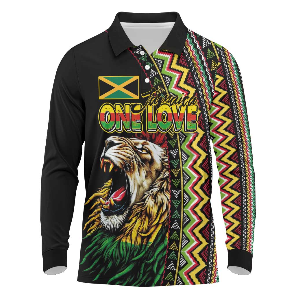 Personalized Jamaican Reggae-One Love Long Sleeve Polo Shirt Tribal African Pattern and Roaring Lion - African Pride