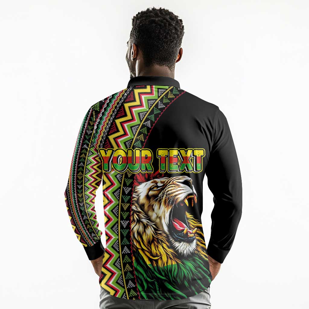 Personalized Jamaican Reggae-One Love Long Sleeve Polo Shirt Tribal African Pattern and Roaring Lion - African Pride
