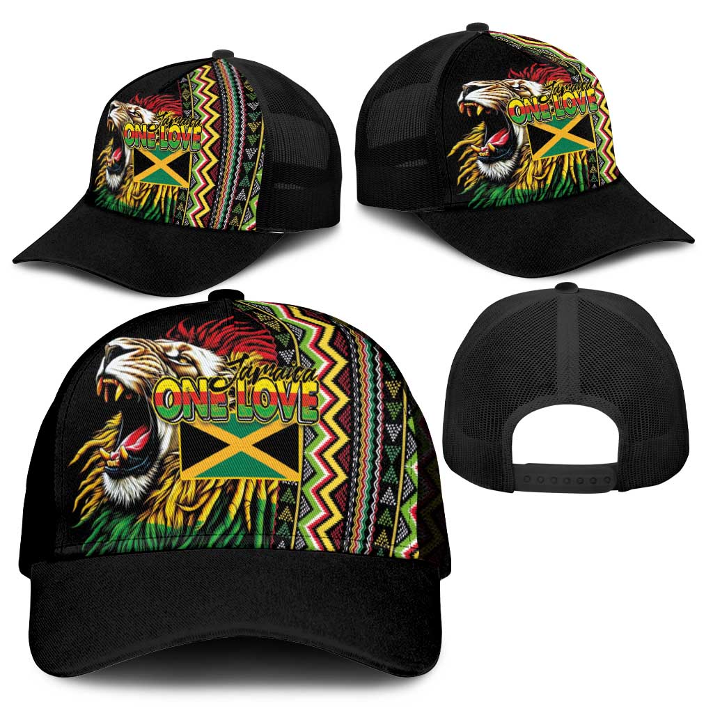 Jamaican Reggae-One Love Mesh Trucker Cap Tribal African Pattern and Roaring Lion - African Pride