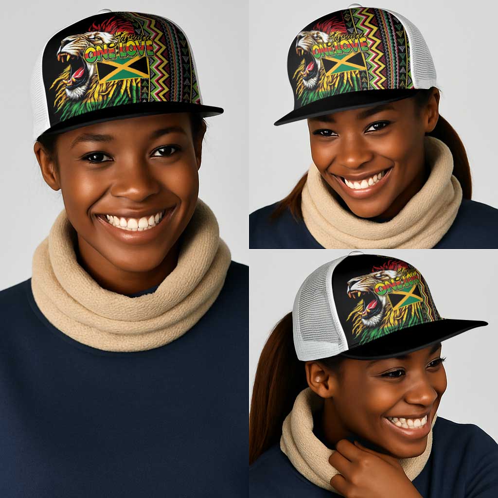Jamaican Reggae-One Love Mesh Trucker Cap Tribal African Pattern and Roaring Lion - African Pride