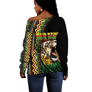 Personalized Jamaican Reggae-One Love Off Shoulder Sweater Tribal African Pattern and Roaring Lion - African Pride