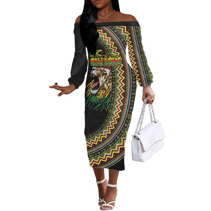 Personalized Jamaican Reggae-One Love Off The Shoulder Long Sleeve Dress Tribal African Pattern and Roaring Lion - African Pride