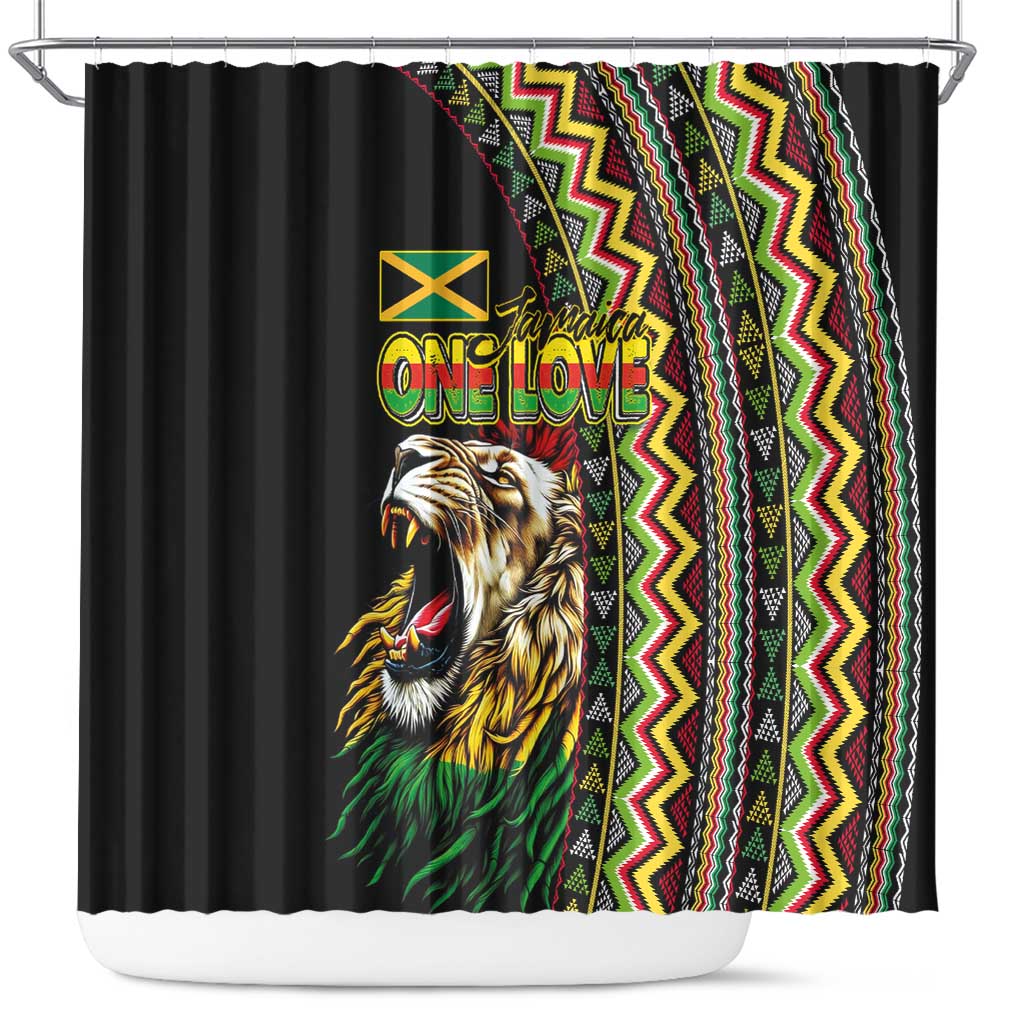 Jamaican Reggae-One Love Shower Curtain Tribal African Pattern and Roaring Lion - African Pride