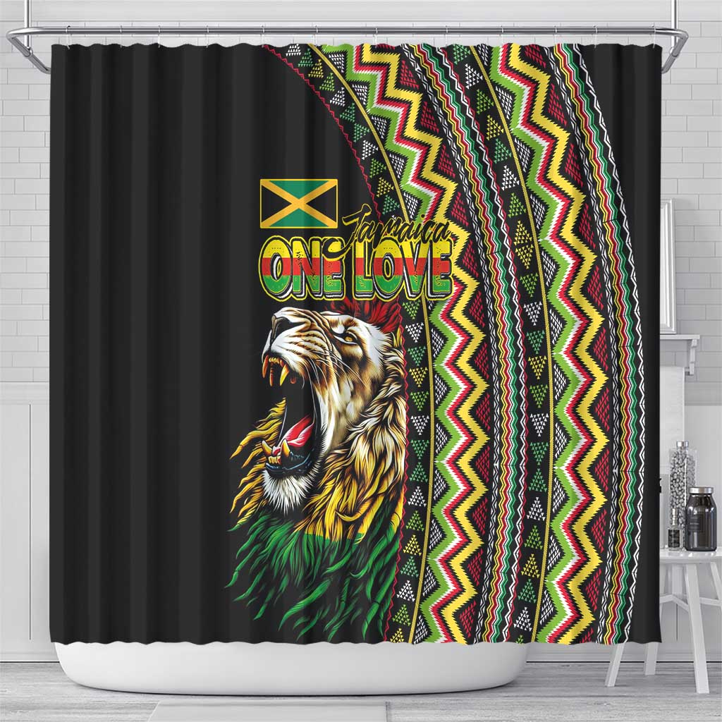 Jamaican Reggae-One Love Shower Curtain Tribal African Pattern and Roaring Lion - African Pride