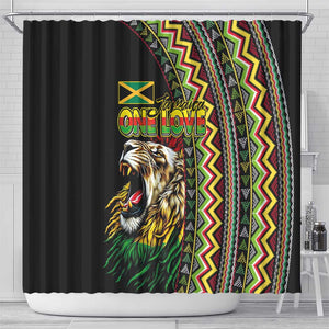 Jamaican Reggae-One Love Shower Curtain Tribal African Pattern and Roaring Lion - African Pride