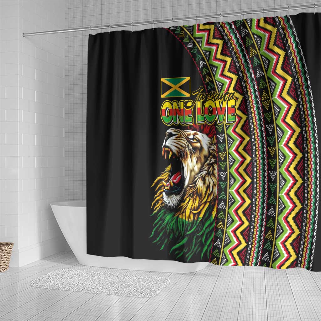 Jamaican Reggae-One Love Shower Curtain Tribal African Pattern and Roaring Lion - African Pride