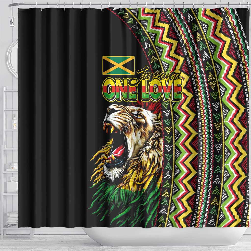 Jamaican Reggae-One Love Shower Curtain Tribal African Pattern and Roaring Lion - African Pride