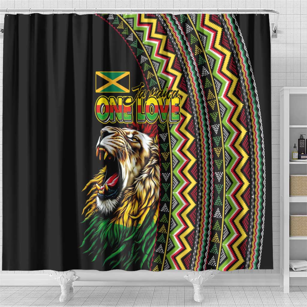Jamaican Reggae-One Love Shower Curtain Tribal African Pattern and Roaring Lion - African Pride
