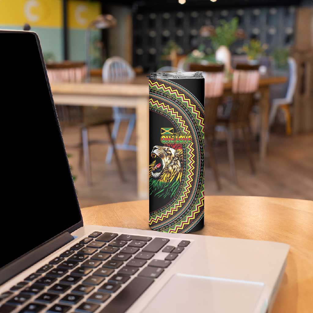 Jamaican Reggae-One Love Skinny Tumbler Tribal African Pattern and Roaring Lion - African Pride
