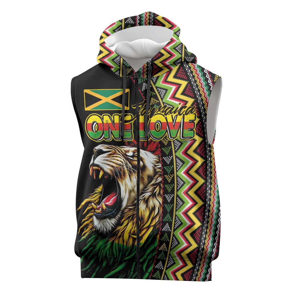 Personalized Jamaican Reggae-One Love Sleeveless Zip Hoodie Tribal African Pattern and Roaring Lion - African Pride