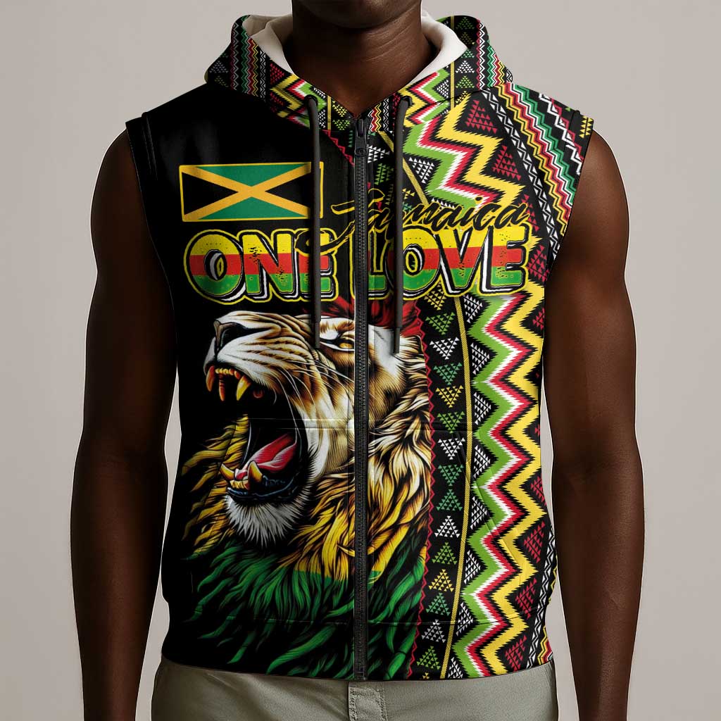 Personalized Jamaican Reggae-One Love Sleeveless Zip Hoodie Tribal African Pattern and Roaring Lion - African Pride