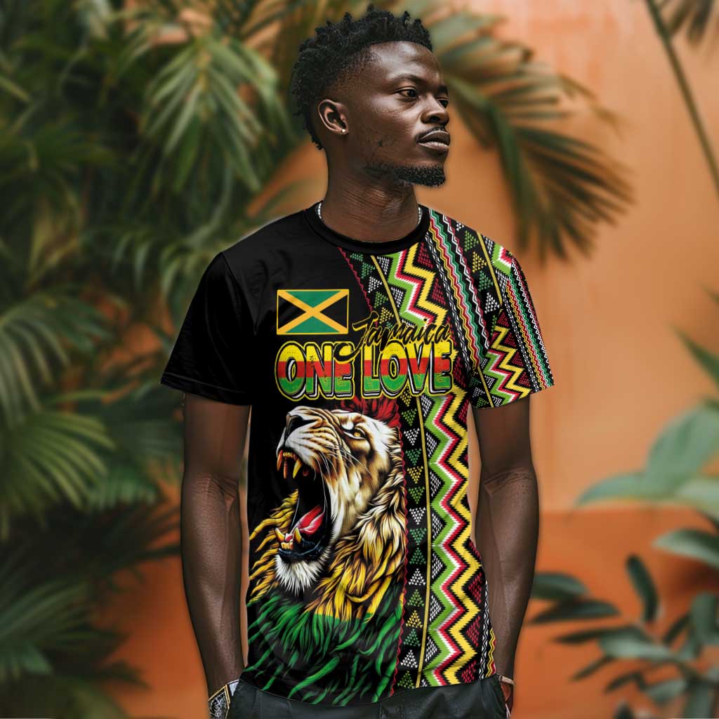 Personalized Jamaican Reggae-One Love T shirt Tribal African Pattern and Roaring Lion - African Pride
