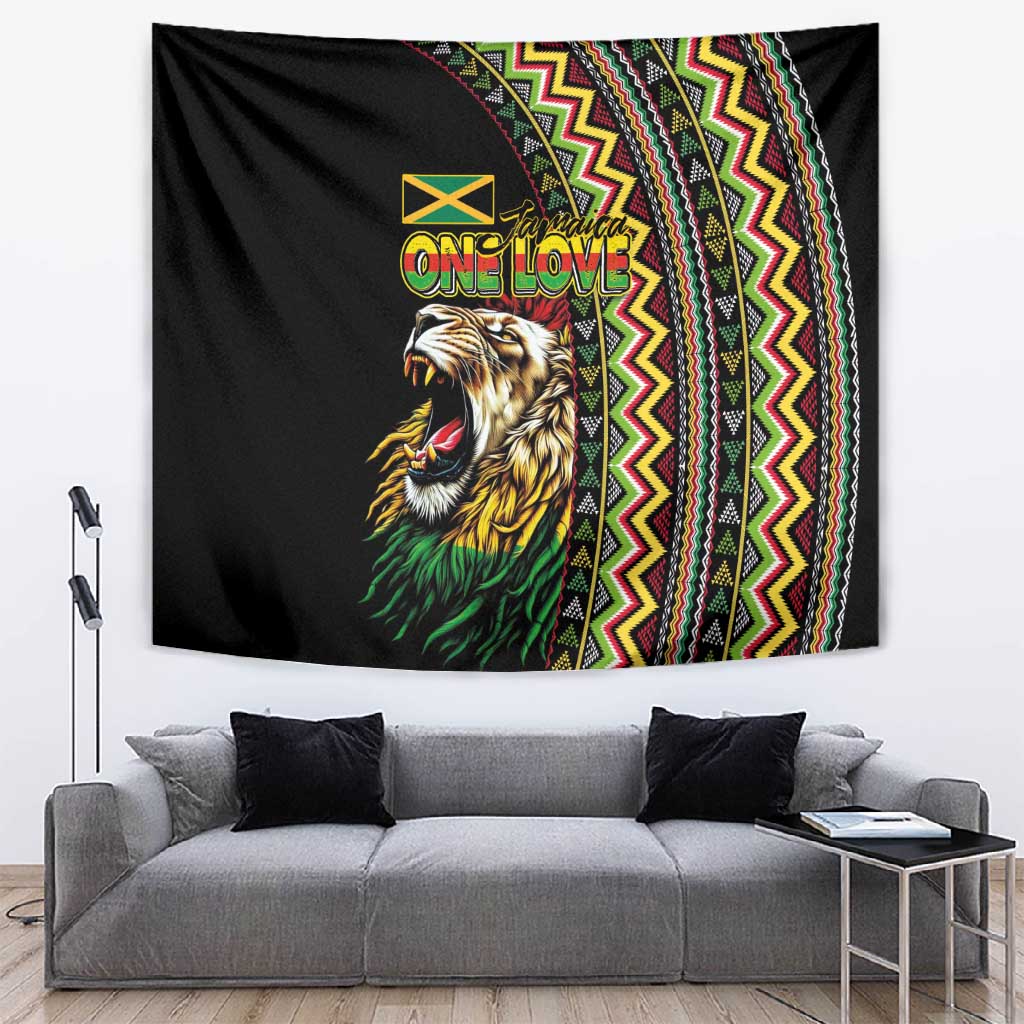 Jamaican Reggae-One Love Tapestry Tribal African Pattern and Roaring Lion - African Pride