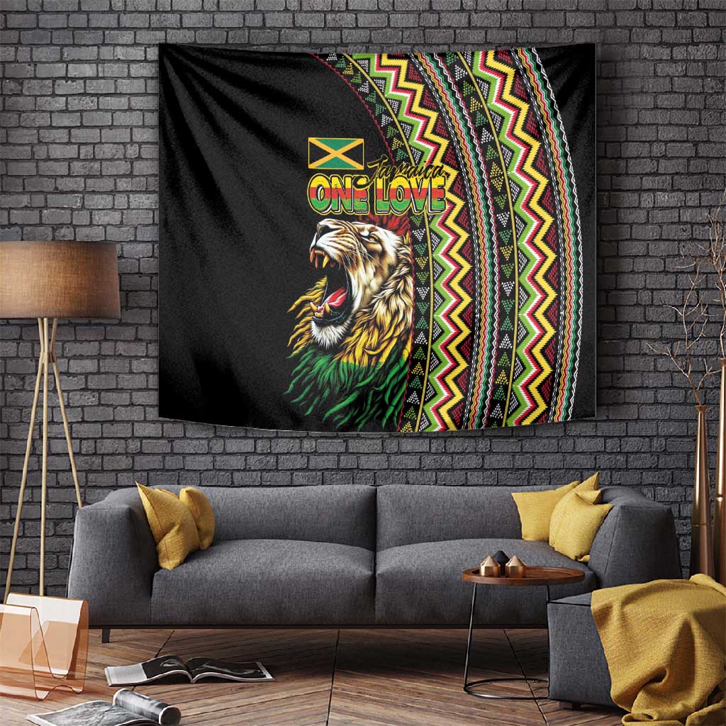 Jamaican Reggae-One Love Tapestry Tribal African Pattern and Roaring Lion - African Pride