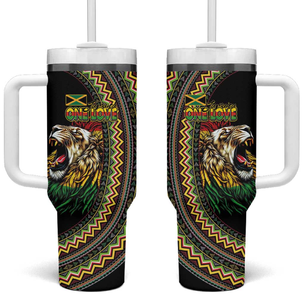 Jamaican Reggae-One Love Tumbler With Handle Tribal African Pattern and Roaring Lion - African Pride