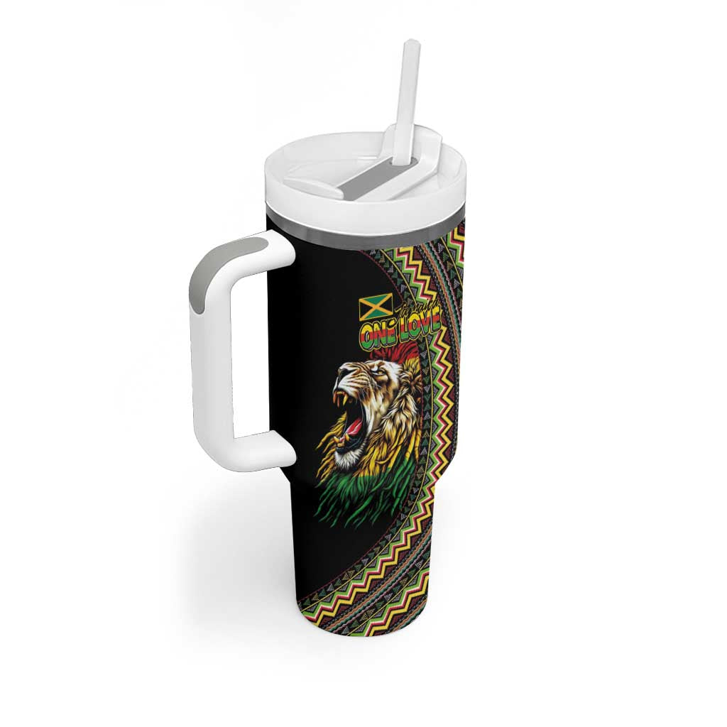 Jamaican Reggae-One Love Tumbler With Handle Tribal African Pattern and Roaring Lion - African Pride