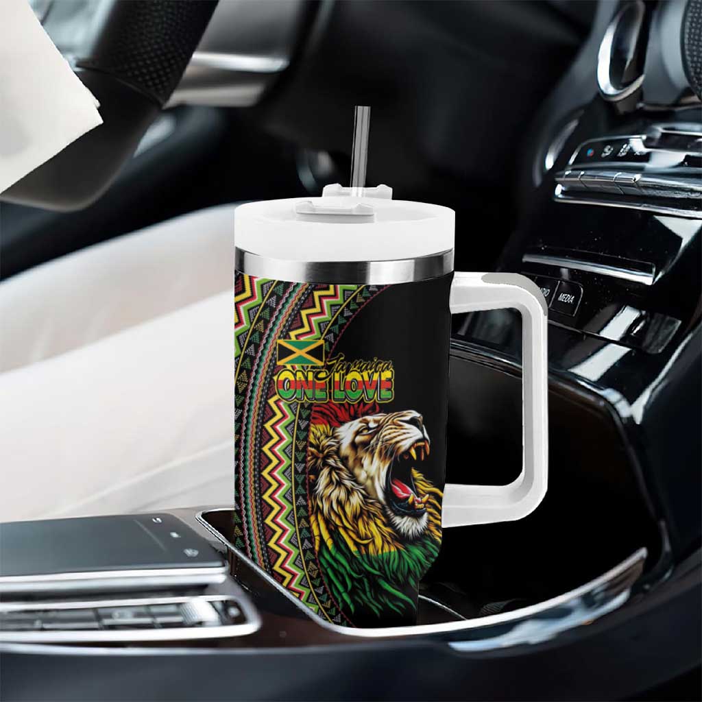 Jamaican Reggae-One Love Tumbler With Handle Tribal African Pattern and Roaring Lion - African Pride