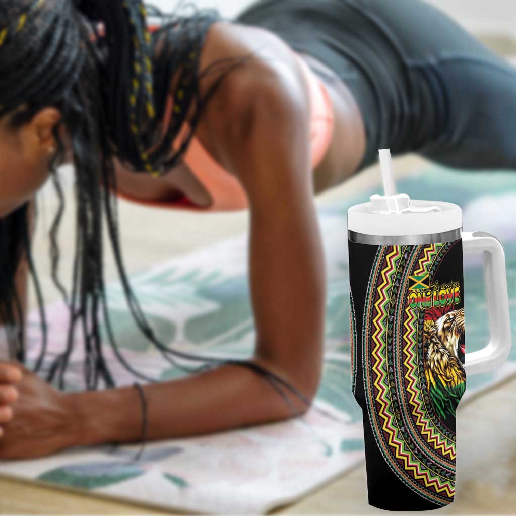 Jamaican Reggae-One Love Tumbler With Handle Tribal African Pattern and Roaring Lion - African Pride