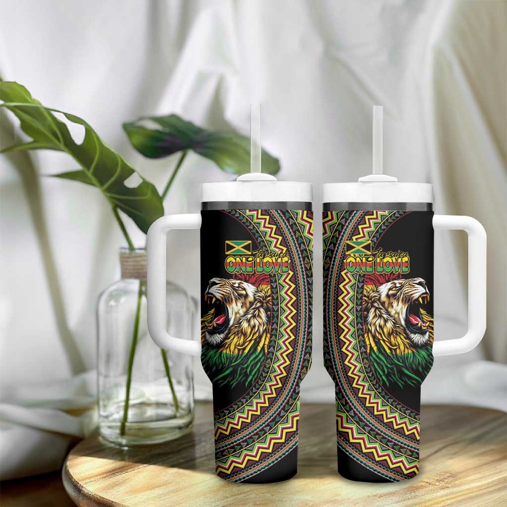 Jamaican Reggae-One Love Tumbler With Handle Tribal African Pattern and Roaring Lion - African Pride