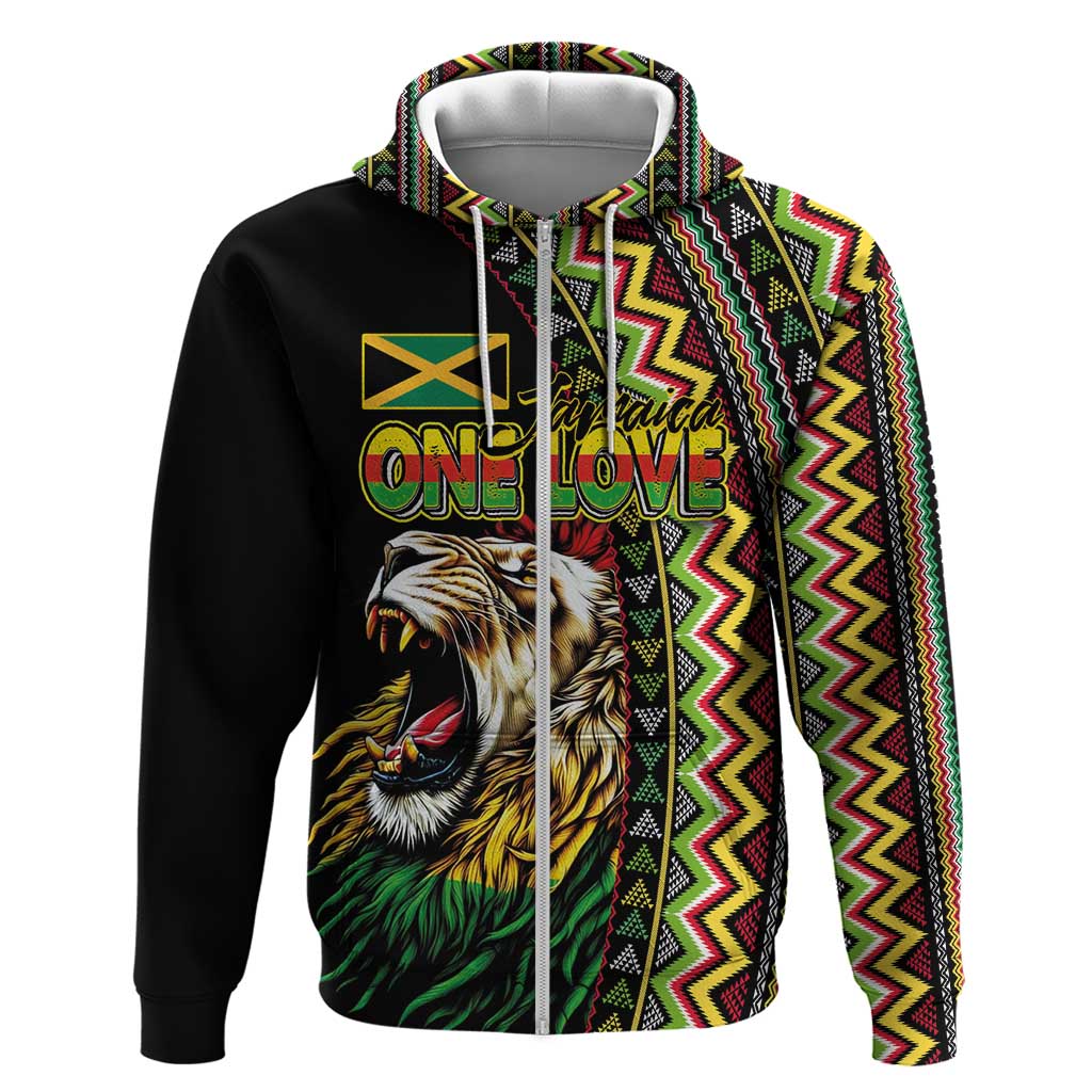 Personalized Jamaican Reggae-One Love Zip Hoodie Tribal African Pattern and Roaring Lion - African Pride