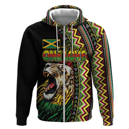 Personalized Jamaican Reggae-One Love Zip Hoodie Tribal African Pattern and Roaring Lion - African Pride