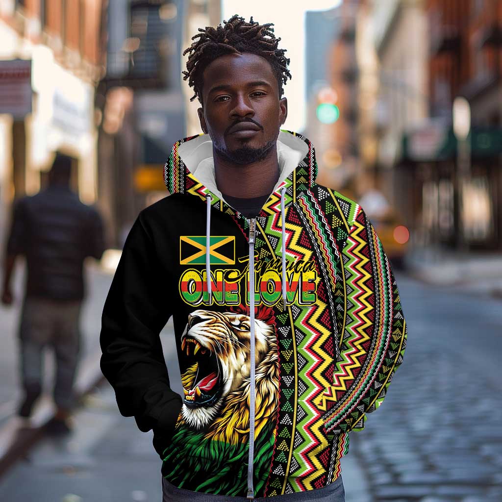 Personalized Jamaican Reggae-One Love Zip Hoodie Tribal African Pattern and Roaring Lion - African Pride