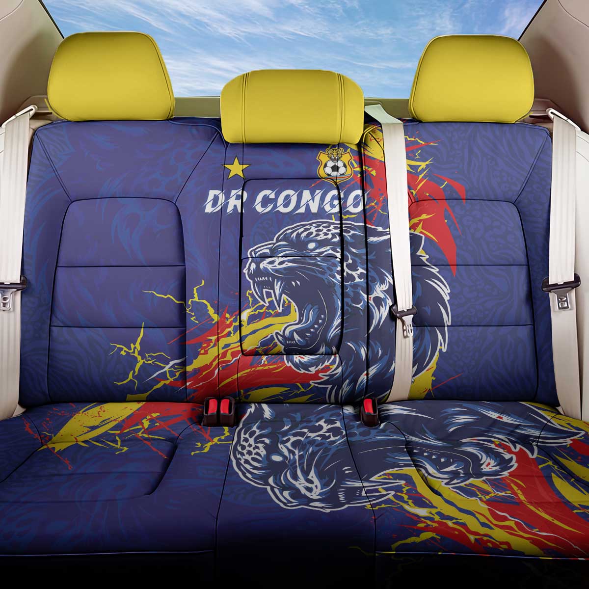 DR Congo Football Leopard Mascot Back Car Seat Cover Fierce Leopard Art National Flag Colors