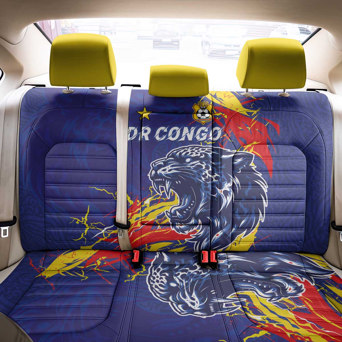 DR Congo Football Leopard Mascot Back Car Seat Cover Fierce Leopard Art National Flag Colors