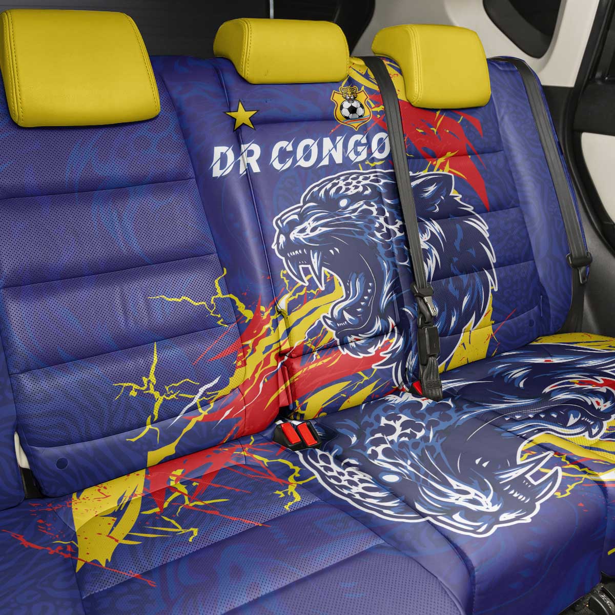 DR Congo Football Leopard Mascot Back Car Seat Cover Fierce Leopard Art National Flag Colors
