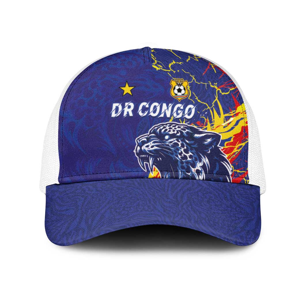 DR Congo Football Leopard Mascot Baseball Net Cap Fierce Leopard Art In National Flag Colors