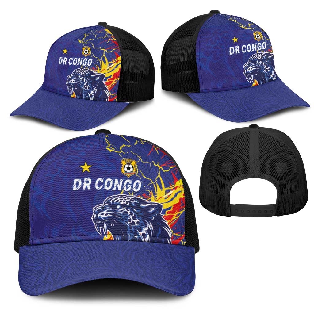 DR Congo Football Leopard Mascot Baseball Net Cap Fierce Leopard Art In National Flag Colors