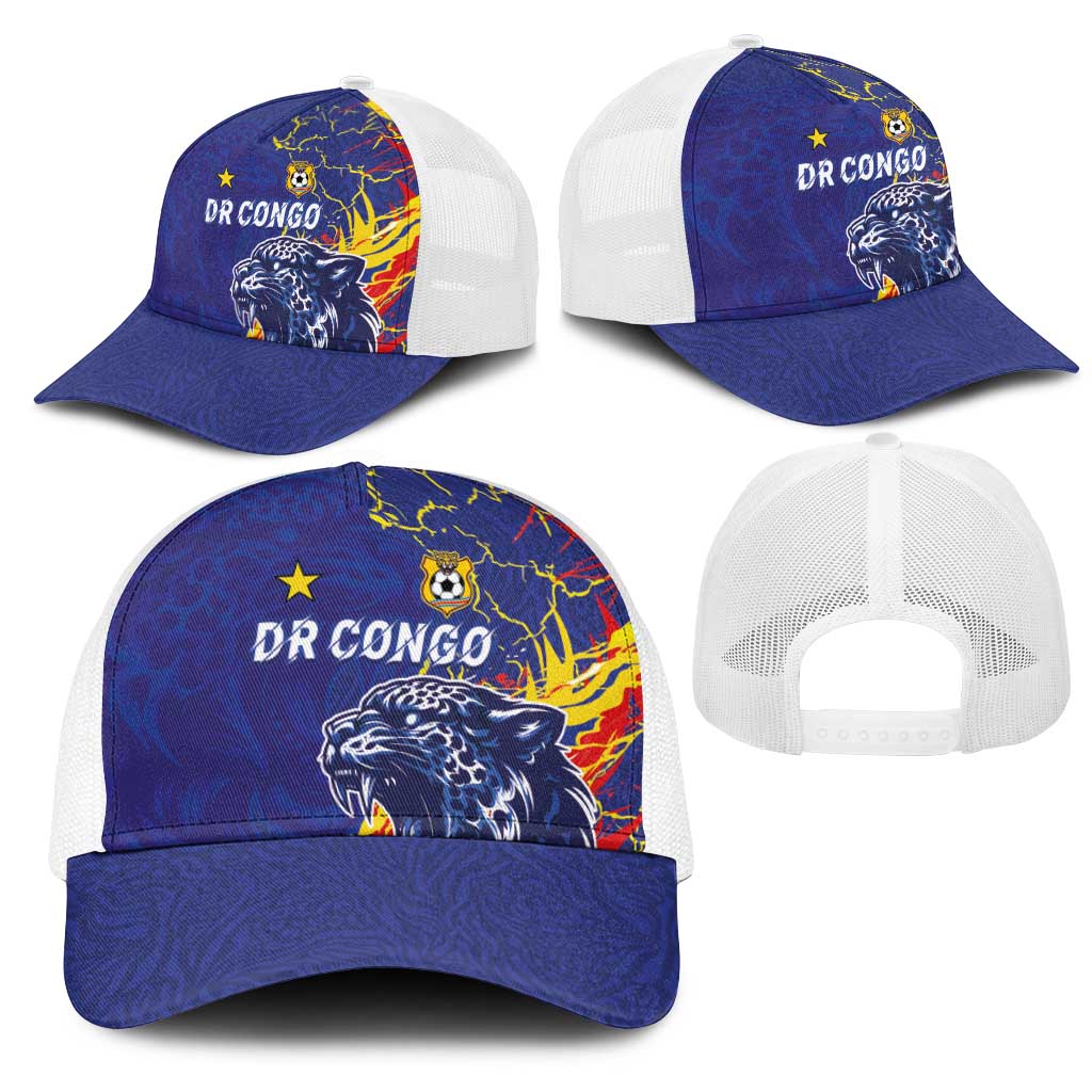 DR Congo Football Leopard Mascot Baseball Net Cap Fierce Leopard Art In National Flag Colors