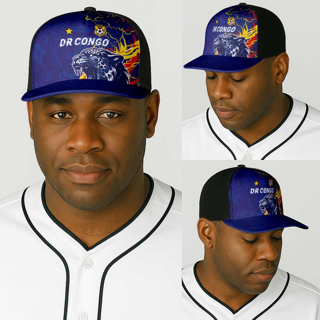 DR Congo Football Leopard Mascot Baseball Net Cap Fierce Leopard Art In National Flag Colors