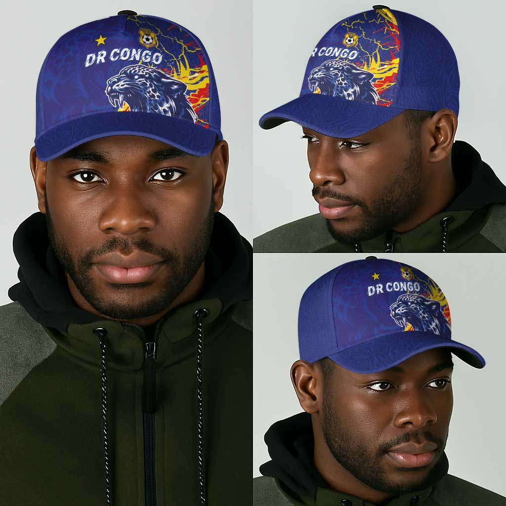 DR Congo Football Leopard Mascot Classic Cap Fierce Leopard Art In National Flag Colors
