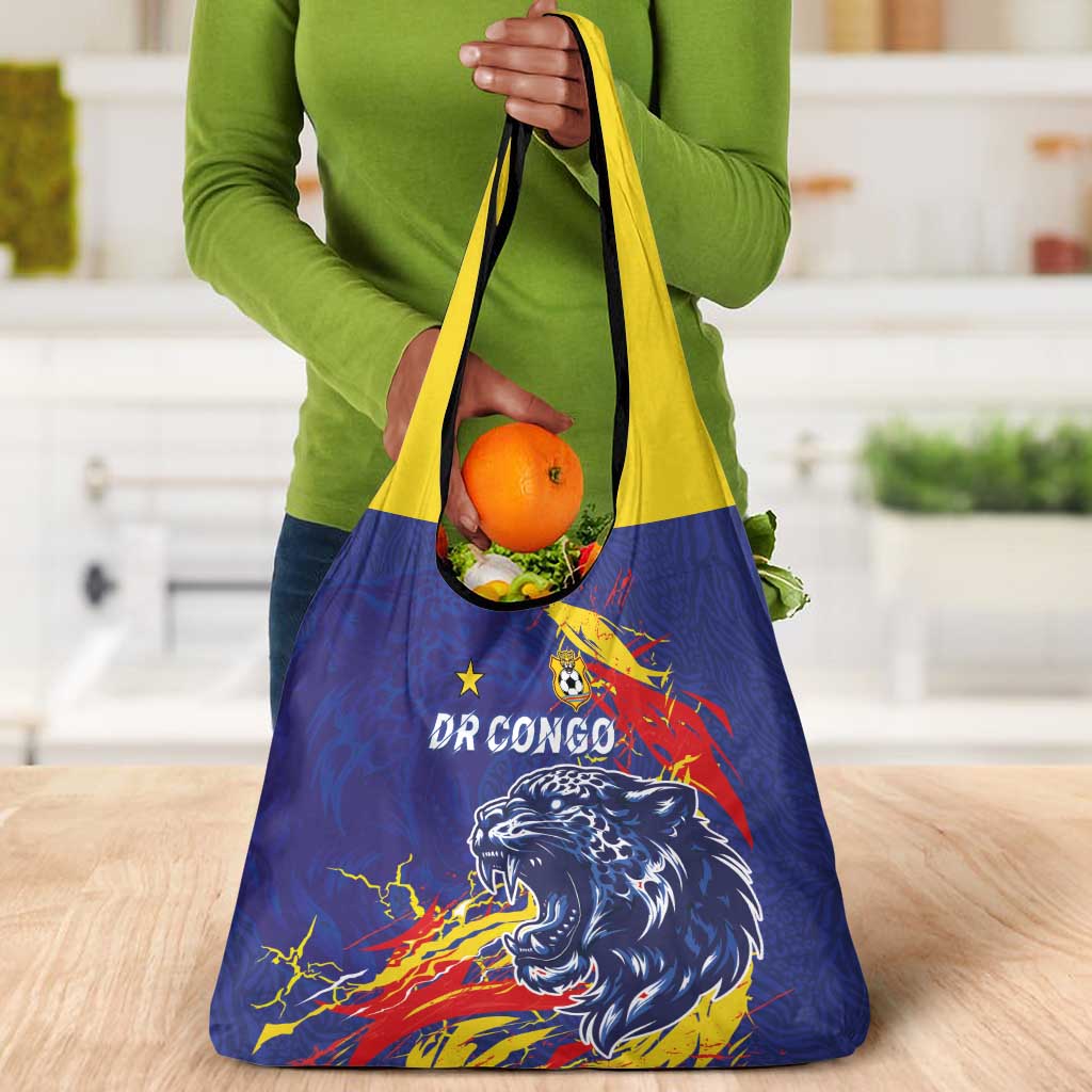 DR Congo Football Leopard Mascot Grocery Bag Fierce Leopard Art National Flag Colors