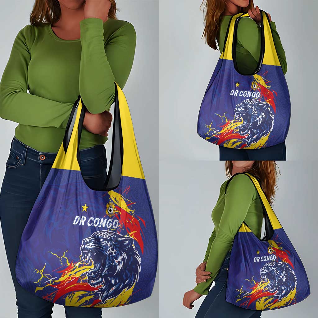 DR Congo Football Leopard Mascot Grocery Bag Fierce Leopard Art National Flag Colors
