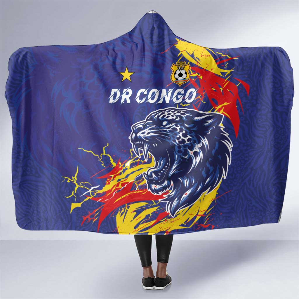 DR Congo Football Leopard Mascot Hooded Blanket Fierce Leopard Art National Flag Colors