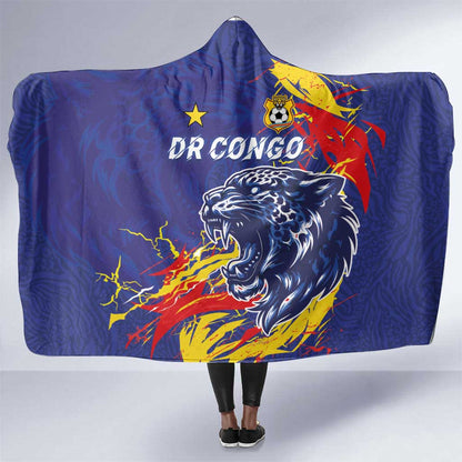 DR Congo Football Leopard Mascot Hooded Blanket Fierce Leopard Art National Flag Colors