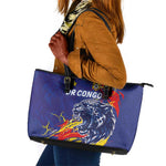 DR Congo Football Leopard Mascot Leather Tote Bag Fierce Leopard Art National Flag Colors